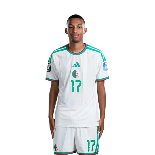 Algeria national football team 2026 World Cup jersey (player/match version) — Defenders: No. 17 Rafik Belghali, No. 21 Ramy Bensebaini, No. 26 Samir Chergui./المدافعون: رقم 17 رفيق بلغالي، رقم 21 رامي بن سبعيني، رقم 26 سمير شرقي