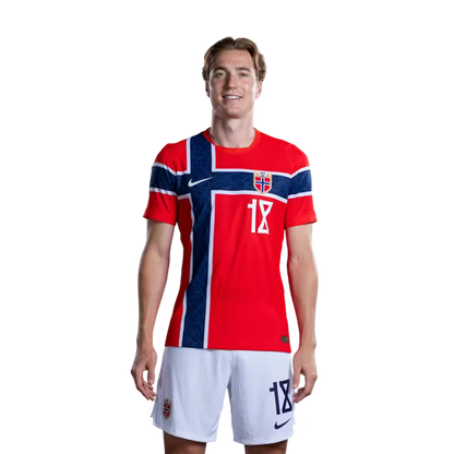 Norway National Team 2026 World Cup Jersey (Player/Match Version) — Midfielders: No. 10 Martin Ødegaard, No. 14 Fredrik Aursnes, No. 18 Kristian Thorstvedt / Midtbanespillere: nr.10 Martin ODEGAARD, nr.14 Fredrik AURSNES, nr.18 Kristian Thorstvedt