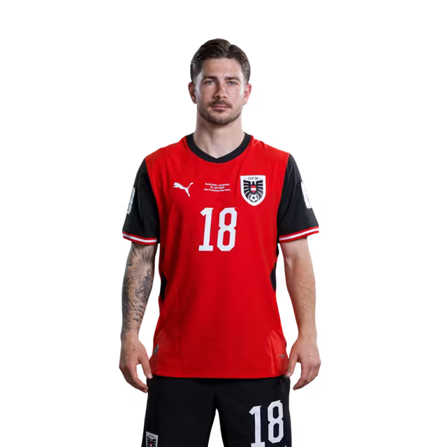 Austria National Team 2026 World Cup Jersey (Player Version/Match Issue) — Midfielders: No. 10 Florian Grillitsch, No. 17 Carney Chukwuemeka, No. 18 Romano Schmid / Österreichisches Nationalmannschaftstrikot für die WM
