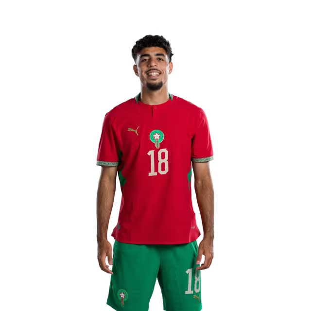 Morocco national football team 2026 World Cup jersey (Player/Match version) — Defenders: No. 13 Zakaria El Ouahdi, No. 14 Issa Diop, No. 18 Chadi Riad./ المدافعون: رقم 13 زكريا الواحدي، رقم 14 عيسى ديوب، رقم 18 شادي رياض.