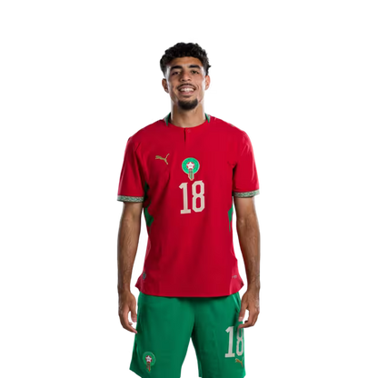 Morocco national football team 2026 World Cup jersey (Player/Match version) — Defenders: No. 13 Zakaria El Ouahdi, No. 14 Issa Diop, No. 18 Chadi Riad./ المدافعون: رقم 13 زكريا الواحدي، رقم 14 عيسى ديوب، رقم 18 شادي رياض.