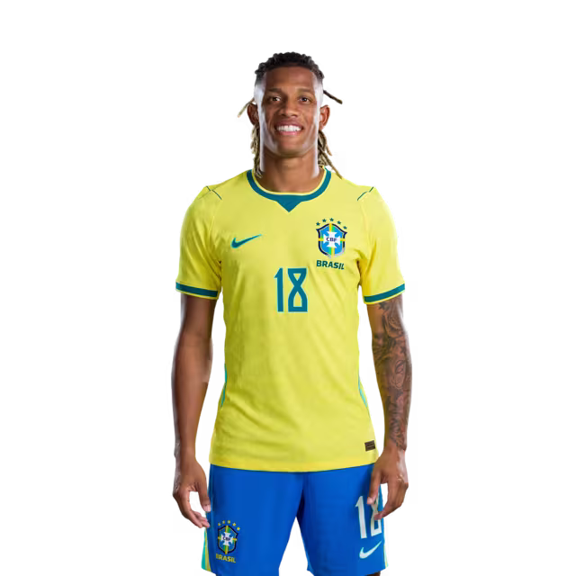 Brazil National Team 2026 World Cup Jersey (Player Version/Match Version) — Midfielders: No. 17 Fabinho, No. 18 Danilo Santos, No. 20 Lucas Paquetá/ Meio-campistas: Nº 17 FABINHO, Nº 18 DANILO SANTOS, Nº 20 LUCAS PAQUETÁ