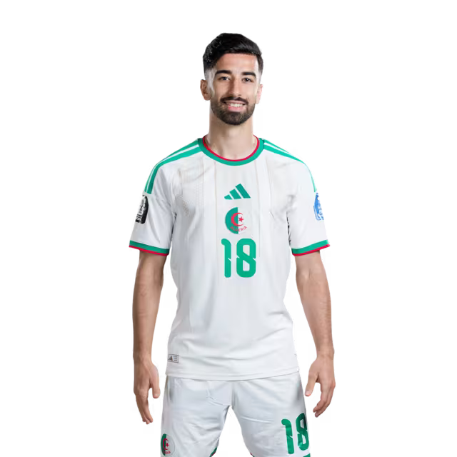 Algeria national football team 2026 World Cup jersey (player/match version) — Forwards: No. 12 Nadir Benbouali, No. 18 Mohamed Amoura, No. 20 Adel Boulbina, No. 25 Fares Ghedjemis./قميص المنتخب الجزائري لكرة القدم لكأس العالم 2026
