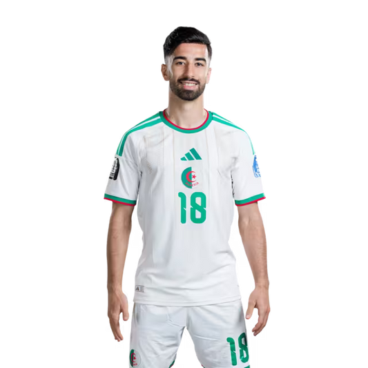 Algeria national football team 2026 World Cup jersey (player/match version) — Forwards: No. 12 Nadir Benbouali, No. 18 Mohamed Amoura, No. 20 Adel Boulbina, No. 25 Fares Ghedjemis./قميص المنتخب الجزائري لكرة القدم لكأس العالم 2026