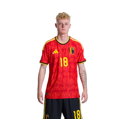 Belgium National Football Team – 2026 World Cup Jersey (Player Version/Match Version) – Defenders: No. 18 Joaquin Seys, No. 21 Timothy Castagne, No. 25 Nathan Ngoy/ Verdedigers: nr. 18 Joaquin SEYS, nr. 21 Timothy CASTAGNE, nr. 25 Nathan NGOY