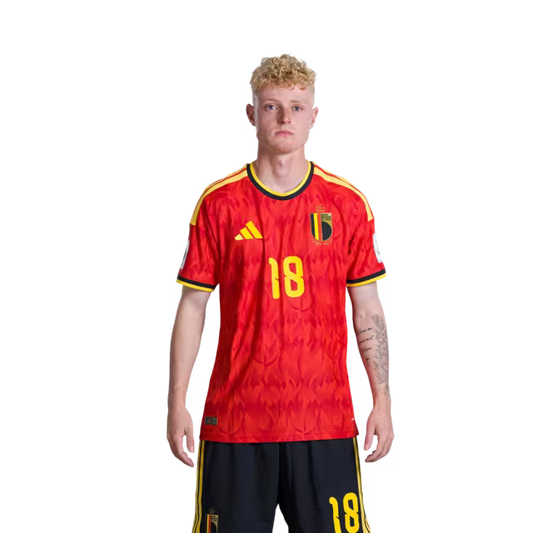 Belgium National Football Team – 2026 World Cup Jersey (Player Version/Match Version) – Defenders: No. 18 Joaquin Seys, No. 21 Timothy Castagne, No. 25 Nathan Ngoy/ Verdedigers: nr. 18 Joaquin SEYS, nr. 21 Timothy CASTAGNE, nr. 25 Nathan NGOY