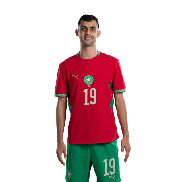 Morocco national football team 2026 World Cup jersey (Player/Match version) — Defenders: No. 19 Youssef Belammari, No. 25 Redouane Halhal, No. 26 Anas Salah-Eddine./ المدافعون: رقم 19 يوسف بلعمري، رقم 25 رضوان حلحال، رقم 26 أنس صلاح الدين.