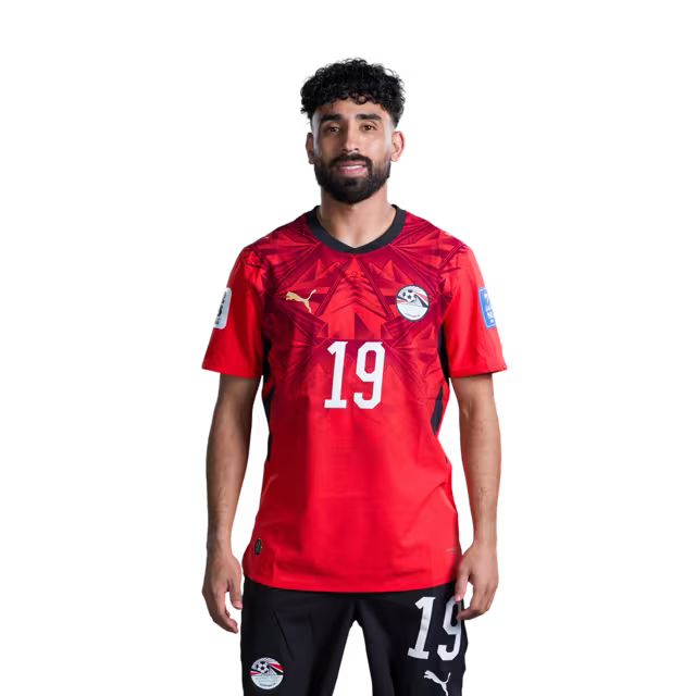 Egypt National Football Team 2026 World Cup Jersey (Player/Match Version) — Midfielders: No. 17 Mohanad Lasheen, No. 18 Nabil Donga, No. 19 Marwan Attia, No. 21 Mahmoud Saber./  رقم 17 مهند لاشين، رقم 18 نبيل دونجا، رقم 19 مروان عطية، رقم 21 محمود صابر.