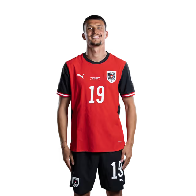 Austria National Team 2026 World Cup Jersey (Player Version/Match Issue) — Midfielders: No. 19 Dejan Ljubicic, No. 20 Konrad Laimer, No. 22 Alexander Prass/Mittelfeldspieler: Nr. 19 Dejan LJUBICIC, Nr. 20 Konrad LAIMER, Nr. 22 Alexander PRASS