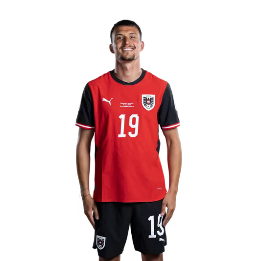 Austria National Team 2026 World Cup Jersey (Player Version/Match Issue) — Midfielders: No. 19 Dejan Ljubicic, No. 20 Konrad Laimer, No. 22 Alexander Prass/Mittelfeldspieler: Nr. 19 Dejan LJUBICIC, Nr. 20 Konrad LAIMER, Nr. 22 Alexander PRASS