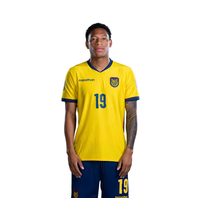Ecuador National Football Team 2026 World Cup Jersey (Player Version/Match Version) — Forwards: No. 16 Jordy Caicedo, No. 19 Gonzalo Plata, No. 20 Nilson Angulo, No. 24 Jeremy Arevalo.