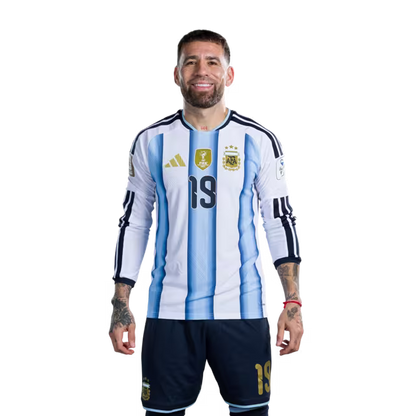 Argentina National Football Team 2026 World Cup Jersey (Player Version/Match Version) — Defenders: No.6 Lisandro MARTINEZ, No.13 Cristian ROMERO, No.19 Nicolas OTAMENDI / Defensores: No.6 Lisandro MARTINEZ, No.13 Cristian ROMERO, No.19 Nicolas OTAMENDI