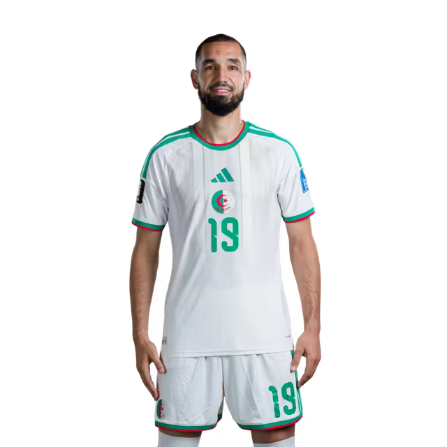 Algeria national football team 2026 World Cup jersey (player/match version) — Midfielders: No. 14 Hicham Boudaoui, No. 19 Nabil Bentaleb, No. 22 Ibrahim Maza, No. 24 Yacine Titraoui./ قميص المنتخب الجزائري لكرة القدم لكأس العالم