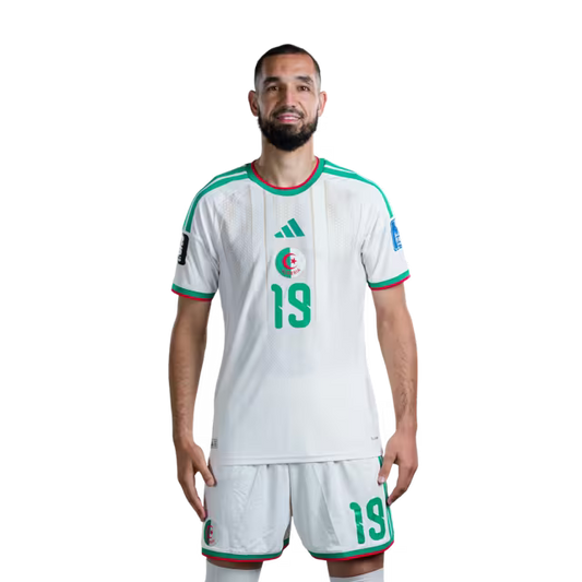 Algeria national football team 2026 World Cup jersey (player/match version) — Midfielders: No. 14 Hicham Boudaoui, No. 19 Nabil Bentaleb, No. 22 Ibrahim Maza, No. 24 Yacine Titraoui./ قميص المنتخب الجزائري لكرة القدم لكأس العالم