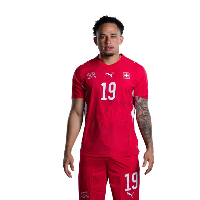 Switzerland National Team 2026 Jersey (Player Version) — Forwards: No. 17 Ruben Vargas, No. 19 Noah Okafor, No. 23 Zeki Amdouni, No. 26 Cedric Itten/ Stürmer: Nr. 17 Ruben Vargas, Nr. 19 Noah Okafor, Nr. 23 Zeki Amdouni, Nr. 26 Cedric Itten