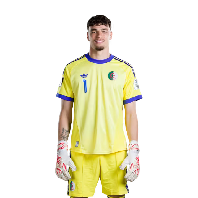 Algeria national football team 2026 World Cup jerseys (Player/Match version) — Goalkeepers: No. 1 Melvin Mastil, No. 16 Oussama Benbot, No. 23 Luca Zidane./ حراس المرمى: رقم 1 ميلفين ماستيل، رقم 16 أسامة بنبوت، رقم 23 لوكا زيدان