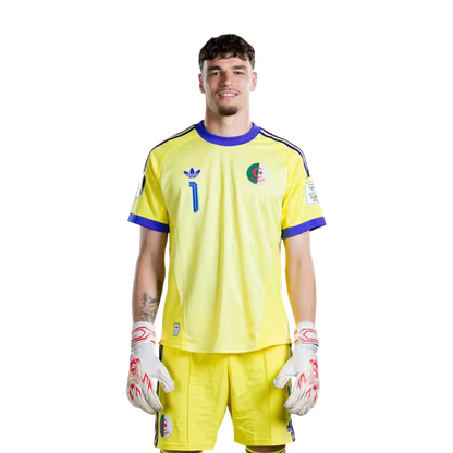 Algeria national football team 2026 World Cup jerseys (Player/Match version) — Goalkeepers: No. 1 Melvin Mastil, No. 16 Oussama Benbot, No. 23 Luca Zidane./ حراس المرمى: رقم 1 ميلفين ماستيل، رقم 16 أسامة بنبوت، رقم 23 لوكا زيدان