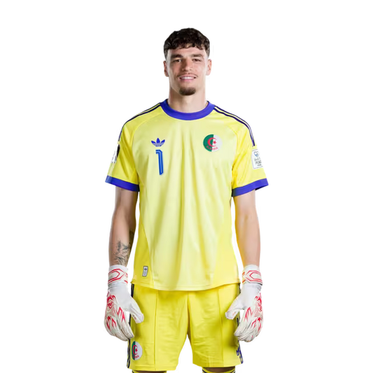 Algeria national football team 2026 World Cup jerseys (Player/Match version) — Goalkeepers: No. 1 Melvin Mastil, No. 16 Oussama Benbot, No. 23 Luca Zidane./ حراس المرمى: رقم 1 ميلفين ماستيل، رقم 16 أسامة بنبوت، رقم 23 لوكا زيدان