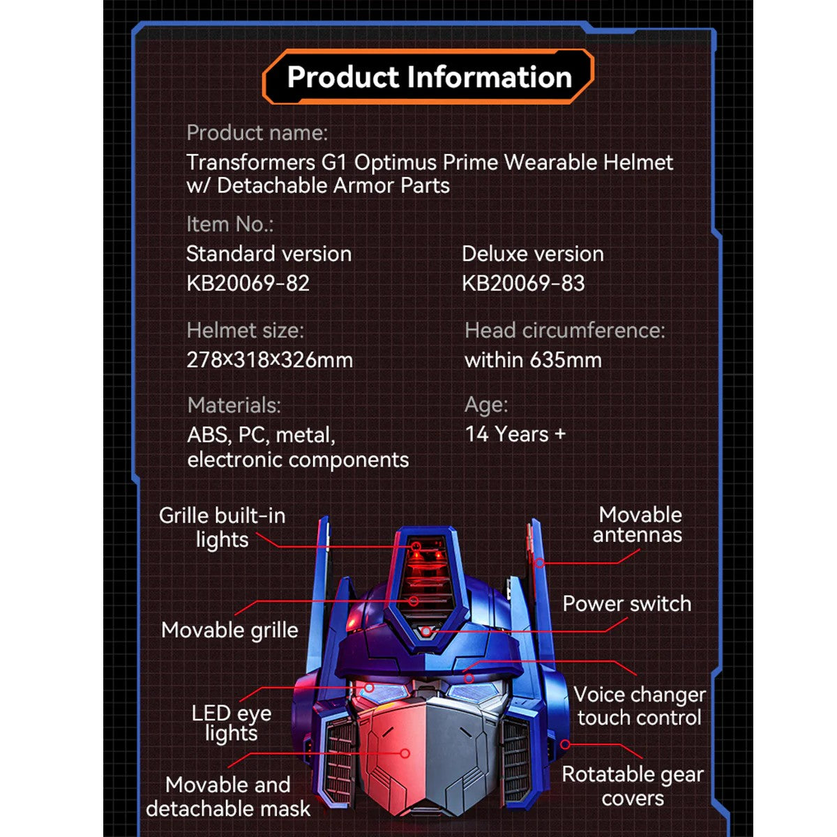 Transformers G1 Optimus Prime Wearable Helmet – 15 Detachable Armor Panels, Voice Changer & Visual Mech Gear System (Standard Edition)