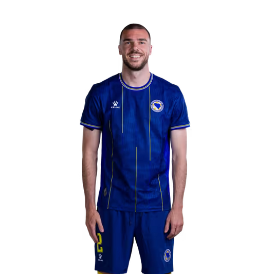 Bosnia and Herzegovina 2026 World Cup Jersey – Player Version – Match Version – Defenders: No. 2 Nihad MUJAKIĆ, No. 3 Dennis HADŽIKADUNIĆ, No. 4 Tarik MUHAREMOVIĆ / Odbrambeni igrači: Br. 2 Nihad MUJAKIĆ, Br. 3 Dennis HADŽIKADUNIĆ, Br. 4 Tarik MUHAREMOVIĆ