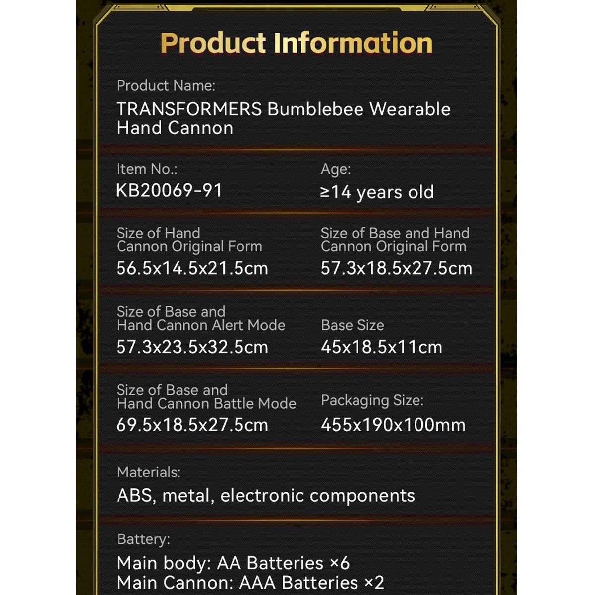 Transformers Bumblebee Wearable Hand Cannon – Kids Voice-Activated Toy with Gatling Sound Effects & LED Light, Boys Gift