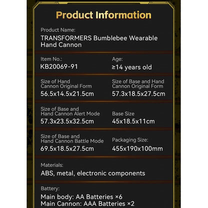 Transformers Bumblebee Wearable Hand Cannon – Kids Voice-Activated Toy with Gatling Sound Effects & LED Light, Boys Gift