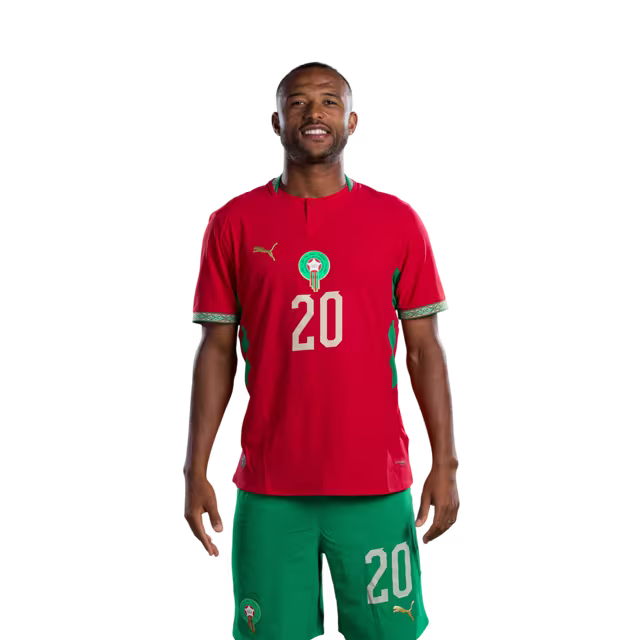 Morocco national football team 2026 World Cup jersey (player/match version) — Forwards: No. 20 Ayoub El Kaabi, No. 21 Ayoub Amimouni./ المهاجمون: رقم 20 أيوب الكعبي، رقم 21 أيوب أميموني.