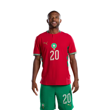 Morocco national football team 2026 World Cup jersey (player/match version) — Forwards: No. 20 Ayoub El Kaabi, No. 21 Ayoub Amimouni./ المهاجمون: رقم 20 أيوب الكعبي، رقم 21 أيوب أميموني.
