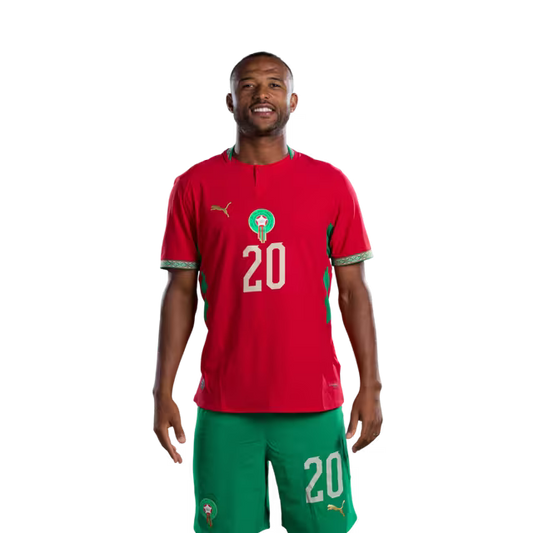 Morocco national football team 2026 World Cup jersey (player/match version) — Forwards: No. 20 Ayoub El Kaabi, No. 21 Ayoub Amimouni./ المهاجمون: رقم 20 أيوب الكعبي، رقم 21 أيوب أميموني.