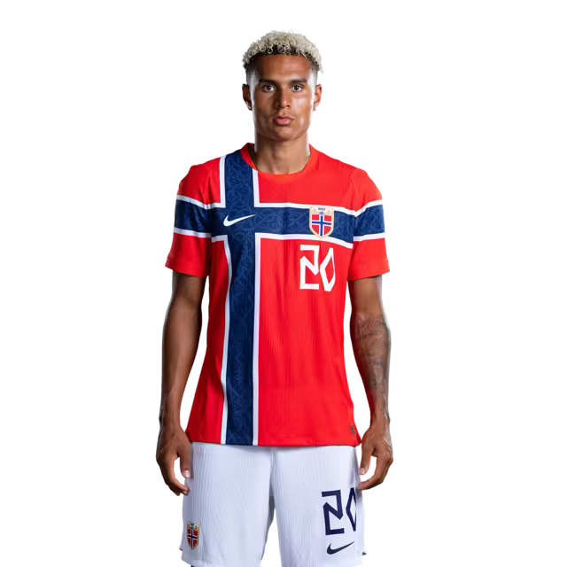 Norway National Football Team 2026 World Cup Jersey (Player Version/Match Issue) — Forwards: No. 20 Antonio Nusa, No. 26 Julian Ryerson / Spisser: Nr. 20 Antonio NUSA, nr. 26 Julian RYERSON