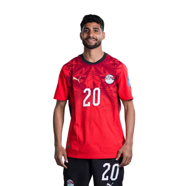 Egypt National Football Team 2026 World Cup Jersey (Player/Match Version) — Forwards: No. 12 Haitham Hassan, No. 20 Ibrahim Adel, No. 22 Omar Marmoush, No. 25 Zizo./ المهاجمون: رقم 12 هيثم حسن، رقم 20 إبراهيم عادل، رقم 22 عمر مرموش، رقم 25 زيزو.