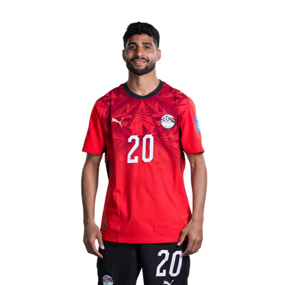 Egypt National Football Team 2026 World Cup Jersey (Player/Match Version) — Forwards: No. 12 Haitham Hassan, No. 20 Ibrahim Adel, No. 22 Omar Marmoush, No. 25 Zizo./ المهاجمون: رقم 12 هيثم حسن، رقم 20 إبراهيم عادل، رقم 22 عمر مرموش، رقم 25 زيزو.