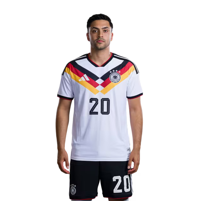 Trikot der deutschen Fußballnationalmannschaft für die Weltmeisterschaft 2026 (Spielerversion/Spielversion) — Mittelfeldspieler: Nr. 17 Florian Wirtz, Nr. 19 Leroy Sane, Nr. 20 Nadiem Amiri