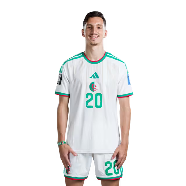 Algeria national football team 2026 World Cup jersey (player/match version) — Forwards: No. 12 Nadir Benbouali, No. 18 Mohamed Amoura, No. 20 Adel Boulbina, No. 25 Fares Ghedjemis./قميص المنتخب الجزائري لكرة القدم لكأس العالم 2026