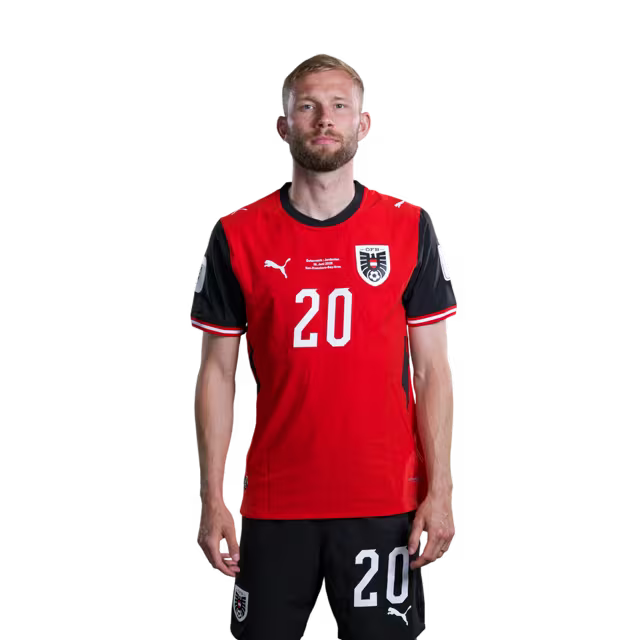 Austria National Team 2026 World Cup Jersey (Player Version/Match Issue) — Midfielders: No. 19 Dejan Ljubicic, No. 20 Konrad Laimer, No. 22 Alexander Prass/Mittelfeldspieler: Nr. 19 Dejan LJUBICIC, Nr. 20 Konrad LAIMER, Nr. 22 Alexander PRASS