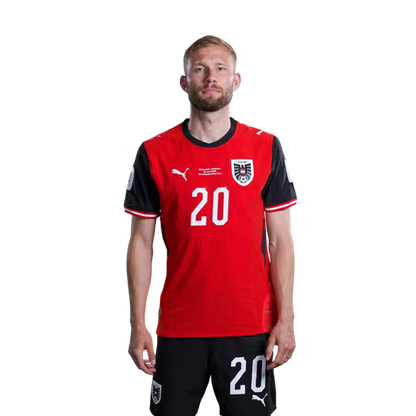 Austria National Team 2026 World Cup Jersey (Player Version/Match Issue) — Midfielders: No. 19 Dejan Ljubicic, No. 20 Konrad Laimer, No. 22 Alexander Prass/Mittelfeldspieler: Nr. 19 Dejan LJUBICIC, Nr. 20 Konrad LAIMER, Nr. 22 Alexander PRASS