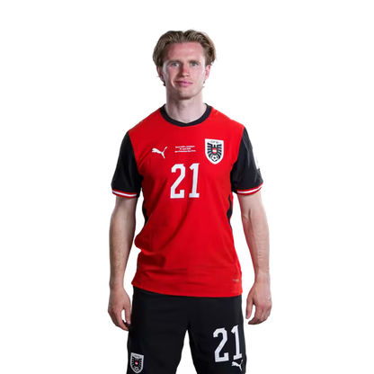 Austria National Team 2026 World Cup Jersey (Player Version/Match Issue) — Forwards: No. 7 Marko Arnautović, No. 11 Michael Gregoritsch, No. 14 Saša Kalajdžić, No. 21 Patrick Wimmer./ Österreichisches Nationalmannschaftstrikot für die WM