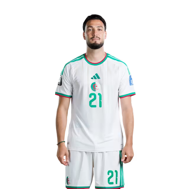 Algeria national football team 2026 World Cup jersey (player/match version) — Defenders: No. 17 Rafik Belghali, No. 21 Ramy Bensebaini, No. 26 Samir Chergui./المدافعون: رقم 17 رفيق بلغالي، رقم 21 رامي بن سبعيني، رقم 26 سمير شرقي