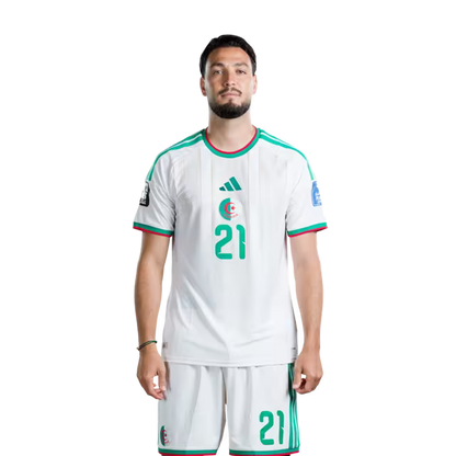 Algeria national football team 2026 World Cup jersey (player/match version) — Defenders: No. 17 Rafik Belghali, No. 21 Ramy Bensebaini, No. 26 Samir Chergui./المدافعون: رقم 17 رفيق بلغالي، رقم 21 رامي بن سبعيني، رقم 26 سمير شرقي
