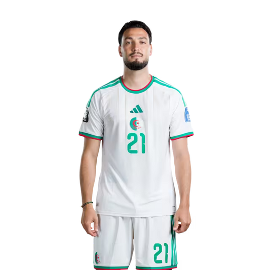 Algeria national football team 2026 World Cup jersey (player/match version) — Defenders: No. 17 Rafik Belghali, No. 21 Ramy Bensebaini, No. 26 Samir Chergui./المدافعون: رقم 17 رفيق بلغالي، رقم 21 رامي بن سبعيني، رقم 26 سمير شرقي