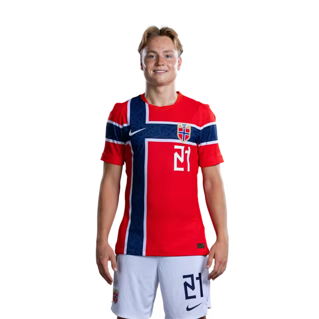 Norway National Team 2026 World Cup Jersey (Player Version/Match Issue) — Midfielders: No. 19 Teo Asgaard, No. 21 Andreas Schjelderup, No. 22 Oscar Bobb, No. 23 Jens Petter Hauge / Norges fotballag 2026 VM-drakt