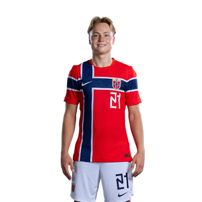 Norway National Team 2026 World Cup Jersey (Player Version/Match Issue) — Midfielders: No. 19 Teo Asgaard, No. 21 Andreas Schjelderup, No. 22 Oscar Bobb, No. 23 Jens Petter Hauge / Norges fotballag 2026 VM-drakt