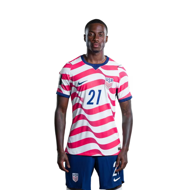 United States National Soccer Team 2026 FIFA World Cup Jersey (Player Version and Match Version) – Forwards: No. 19 Haji WRIGHT, No. 20 Folarin BALOGUN,No. 21 Timothy WEAH,No. 26 Alex ZENDEJAS