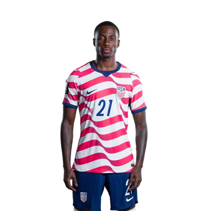 United States National Soccer Team 2026 FIFA World Cup Jersey (Player Version and Match Version) – Forwards: No. 19 Haji WRIGHT, No. 20 Folarin BALOGUN,No. 21 Timothy WEAH,No. 26 Alex ZENDEJAS