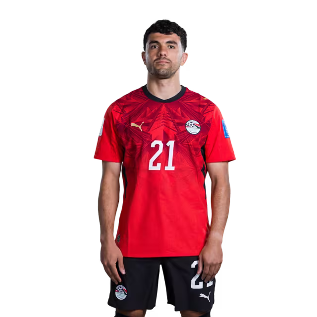 Egypt National Football Team 2026 World Cup Jersey (Player/Match Version) — Midfielders: No. 17 Mohanad Lasheen, No. 18 Nabil Donga, No. 19 Marwan Attia, No. 21 Mahmoud Saber./  رقم 17 مهند لاشين، رقم 18 نبيل دونجا، رقم 19 مروان عطية، رقم 21 محمود صابر.