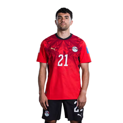 Egypt National Football Team 2026 World Cup Jersey (Player/Match Version) — Midfielders: No. 17 Mohanad Lasheen, No. 18 Nabil Donga, No. 19 Marwan Attia, No. 21 Mahmoud Saber./  رقم 17 مهند لاشين، رقم 18 نبيل دونجا، رقم 19 مروان عطية، رقم 21 محمود صابر.