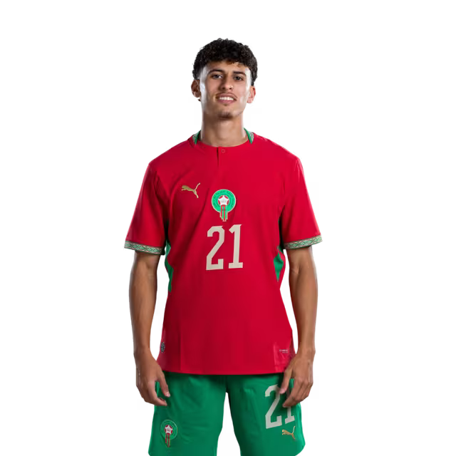 Morocco national football team 2026 World Cup jersey (player/match version) — Forwards: No. 20 Ayoub El Kaabi, No. 21 Ayoub Amimouni./ المهاجمون: رقم 20 أيوب الكعبي، رقم 21 أيوب أميموني.