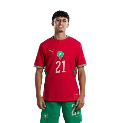 Morocco national football team 2026 World Cup jersey (player/match version) — Forwards: No. 20 Ayoub El Kaabi, No. 21 Ayoub Amimouni./ المهاجمون: رقم 20 أيوب الكعبي، رقم 21 أيوب أميموني.