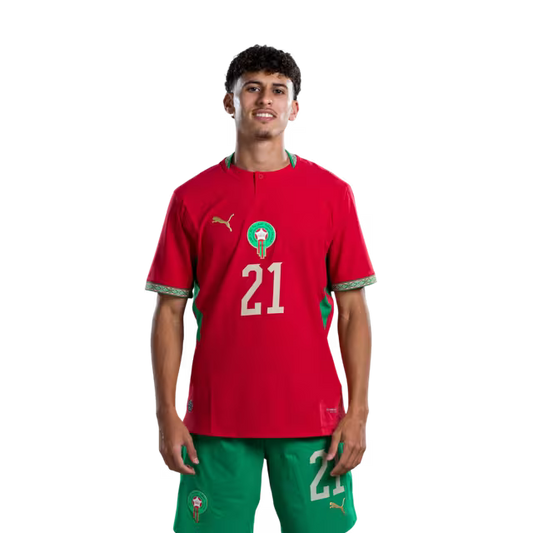 Morocco national football team 2026 World Cup jersey (player/match version) — Forwards: No. 20 Ayoub El Kaabi, No. 21 Ayoub Amimouni./ المهاجمون: رقم 20 أيوب الكعبي، رقم 21 أيوب أميموني.