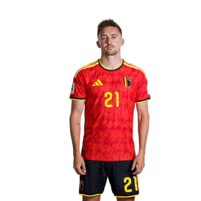 Belgium National Football Team – 2026 World Cup Jersey (Player Version/Match Version) – Defenders: No. 18 Joaquin Seys, No. 21 Timothy Castagne, No. 25 Nathan Ngoy/ Verdedigers: nr. 18 Joaquin SEYS, nr. 21 Timothy CASTAGNE, nr. 25 Nathan NGOY